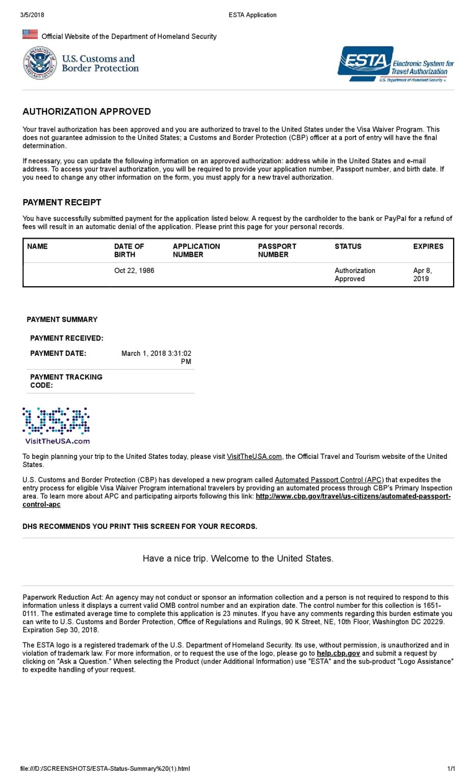Exemple d’approbation ESTA — U.S. Customs and Border Protection